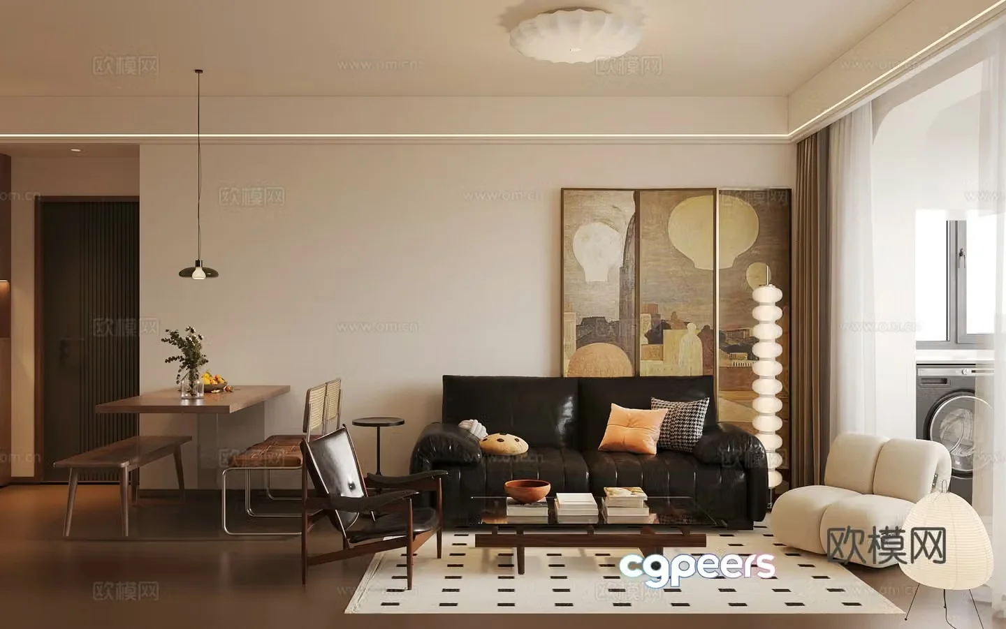 Middle style living room large flat floor living room sofa and coffee table combination middle style dining table and chair 3D model