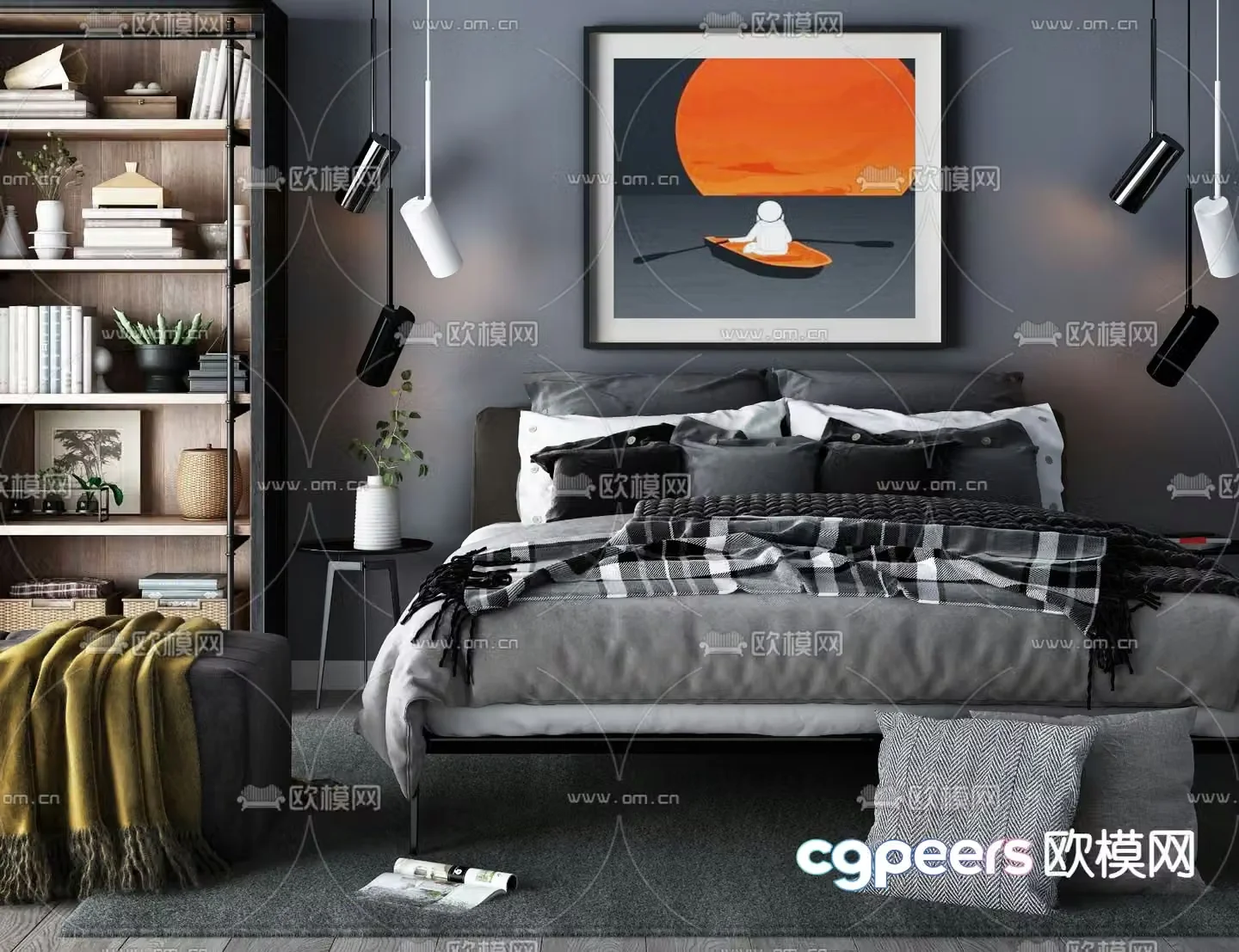 Premium gray double bed 3d model