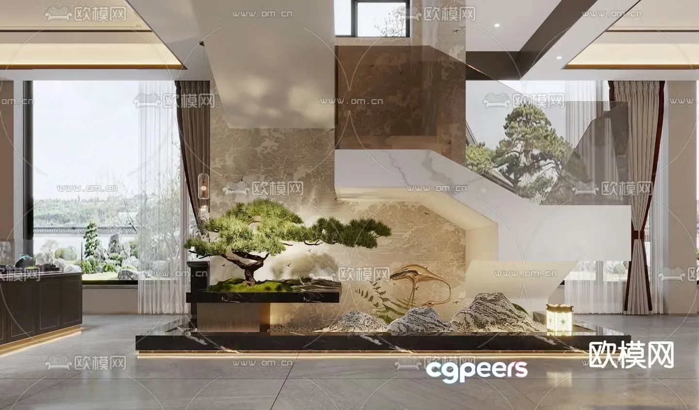 New Chinese style entrance green plants landscaping sketch 3D model