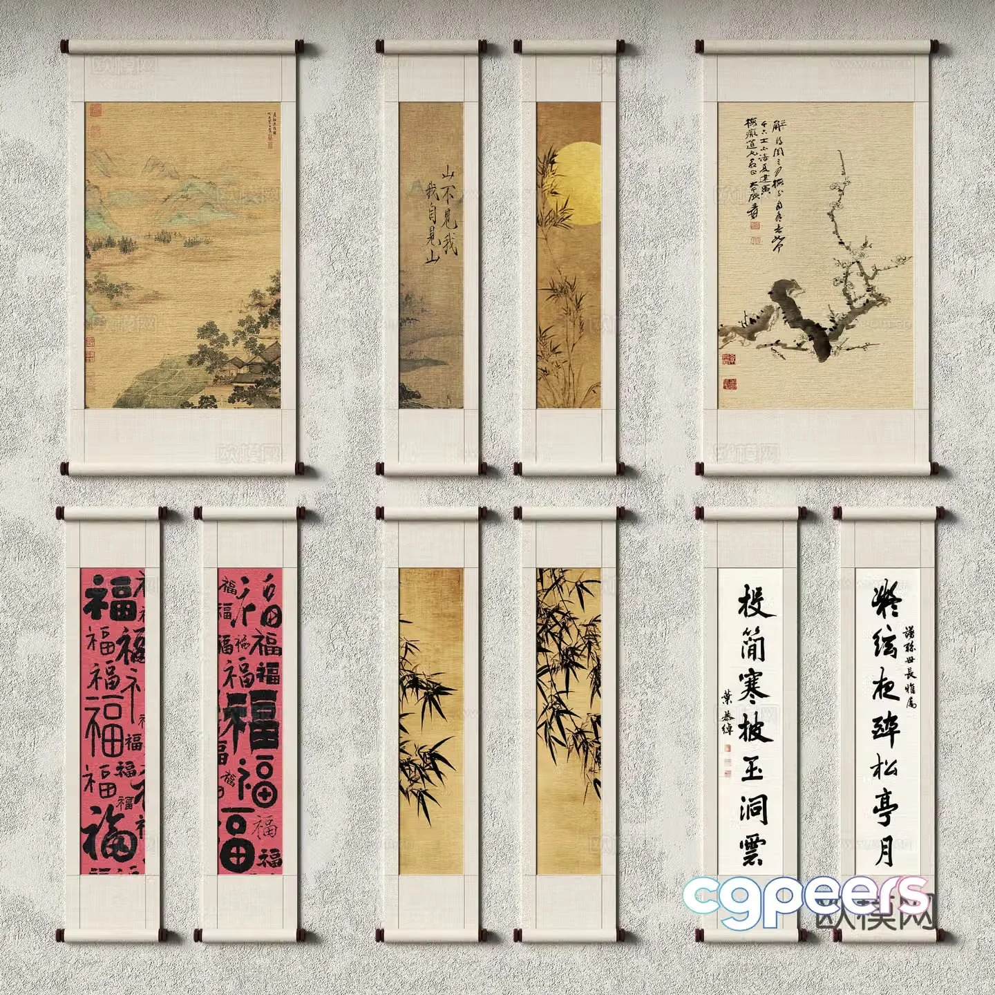 New Chinese style scroll hanging paintings calligraphy and painting 3D model