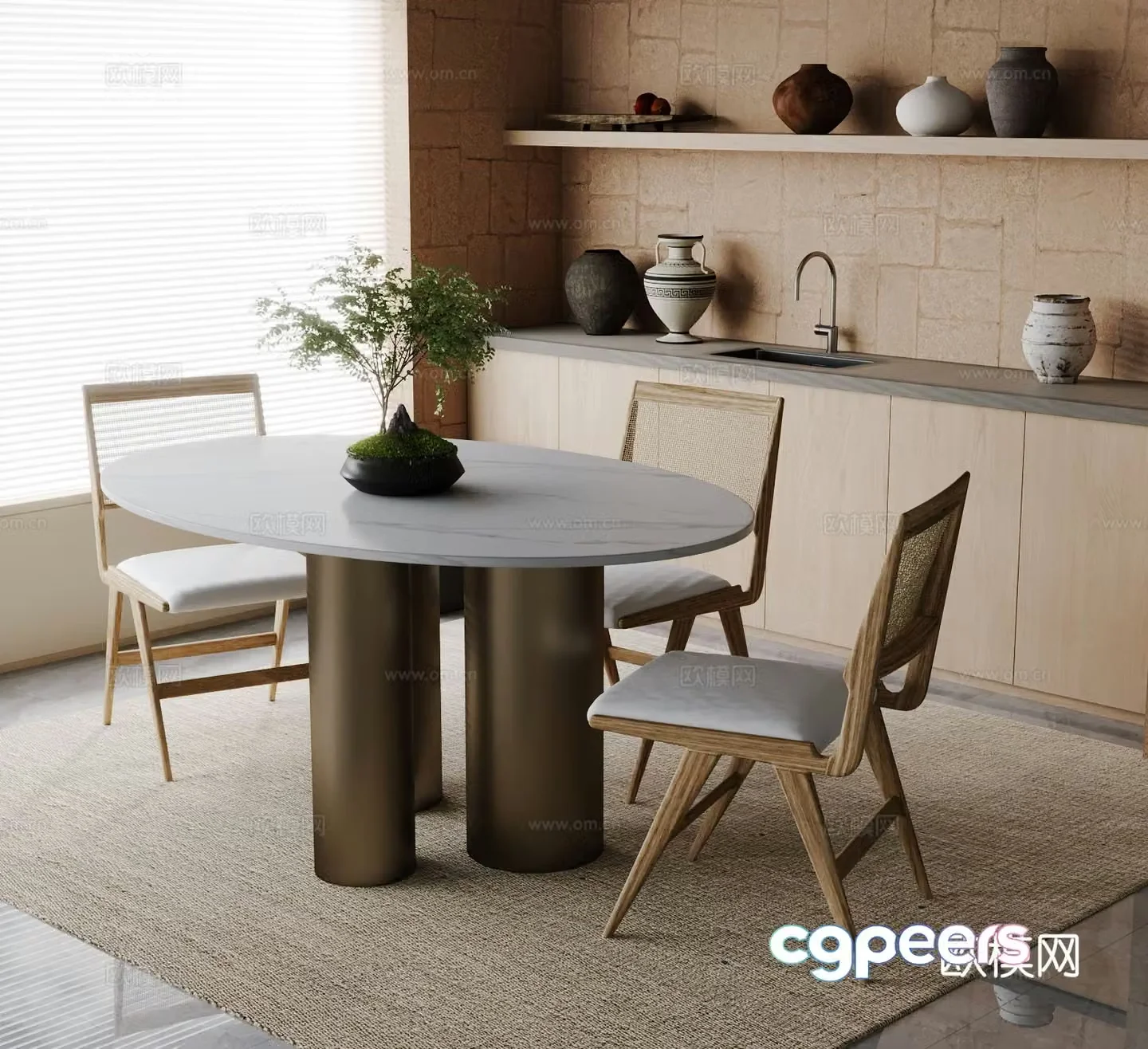 Modern dining table and chairs round dining table 3d model