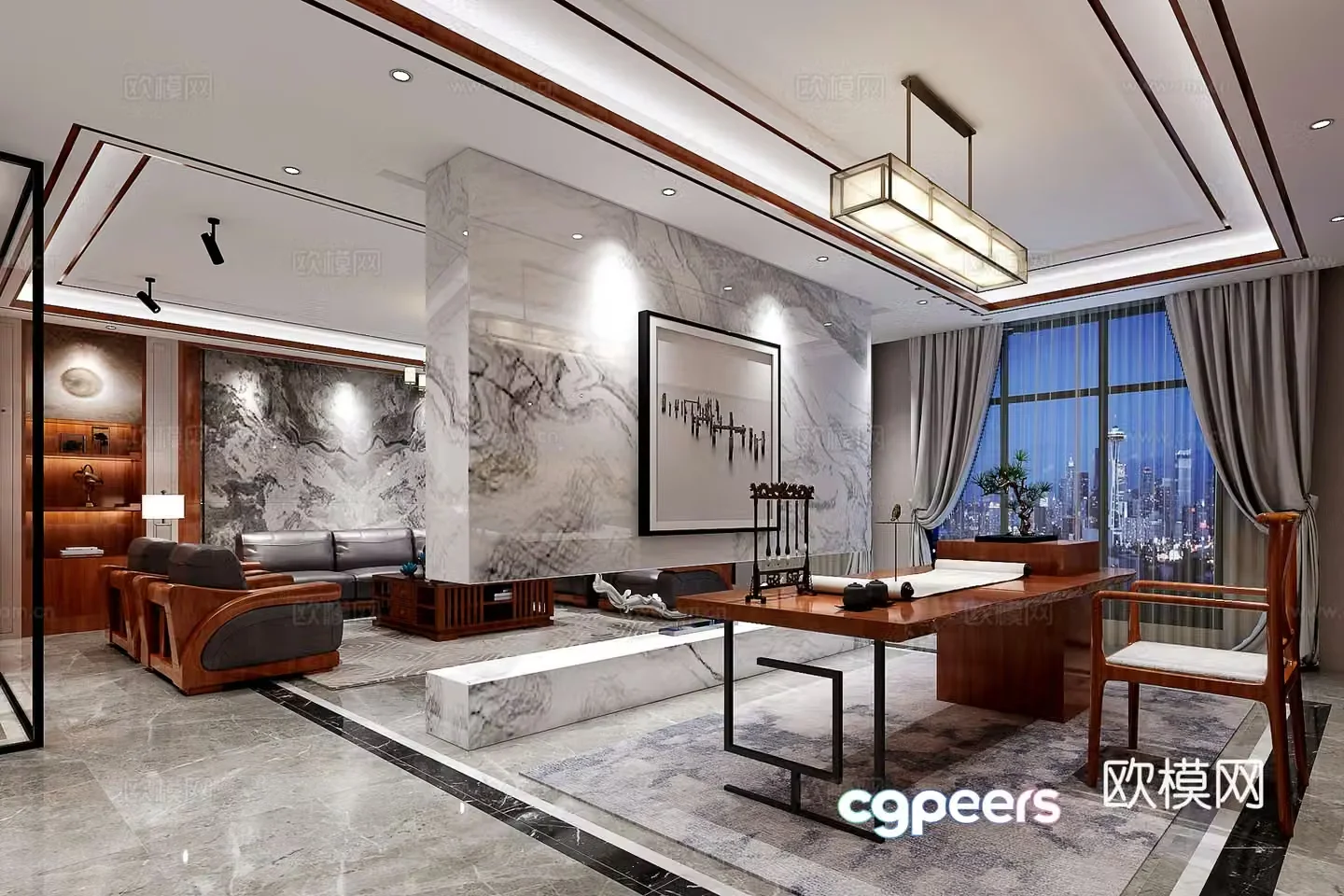 Chinese style living room sofa background wall ceiling study chandelier 3d model