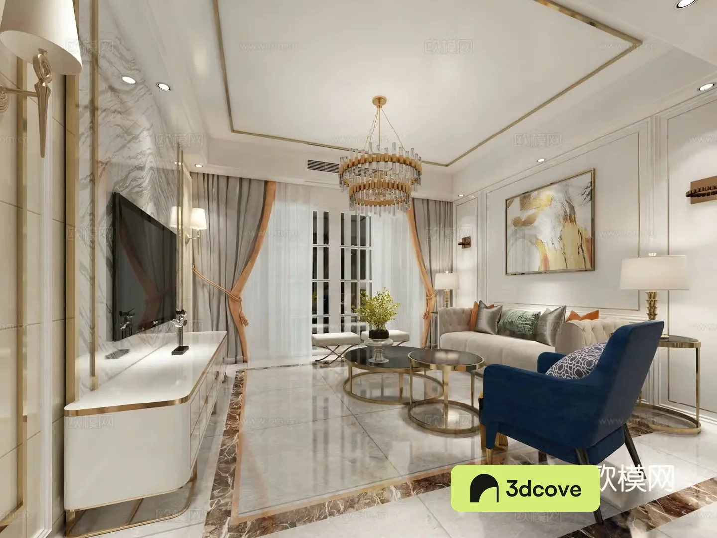 Simple European style living and dining room sofa coffee table TV cabinet hanging painting chandeliers