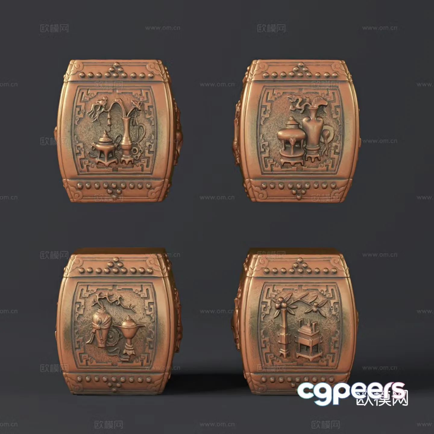Modern new Chinese style four-season vase stone carving drum stool 3D model