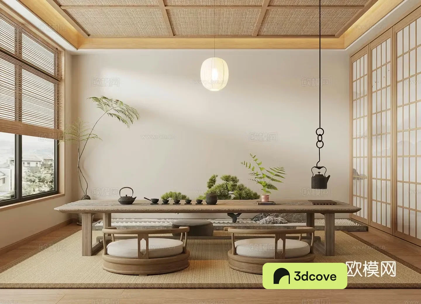 Middle-aged tea room tea tasting area Japanese tea room tatami tea room tatami tea table and chair teapot 3D model
