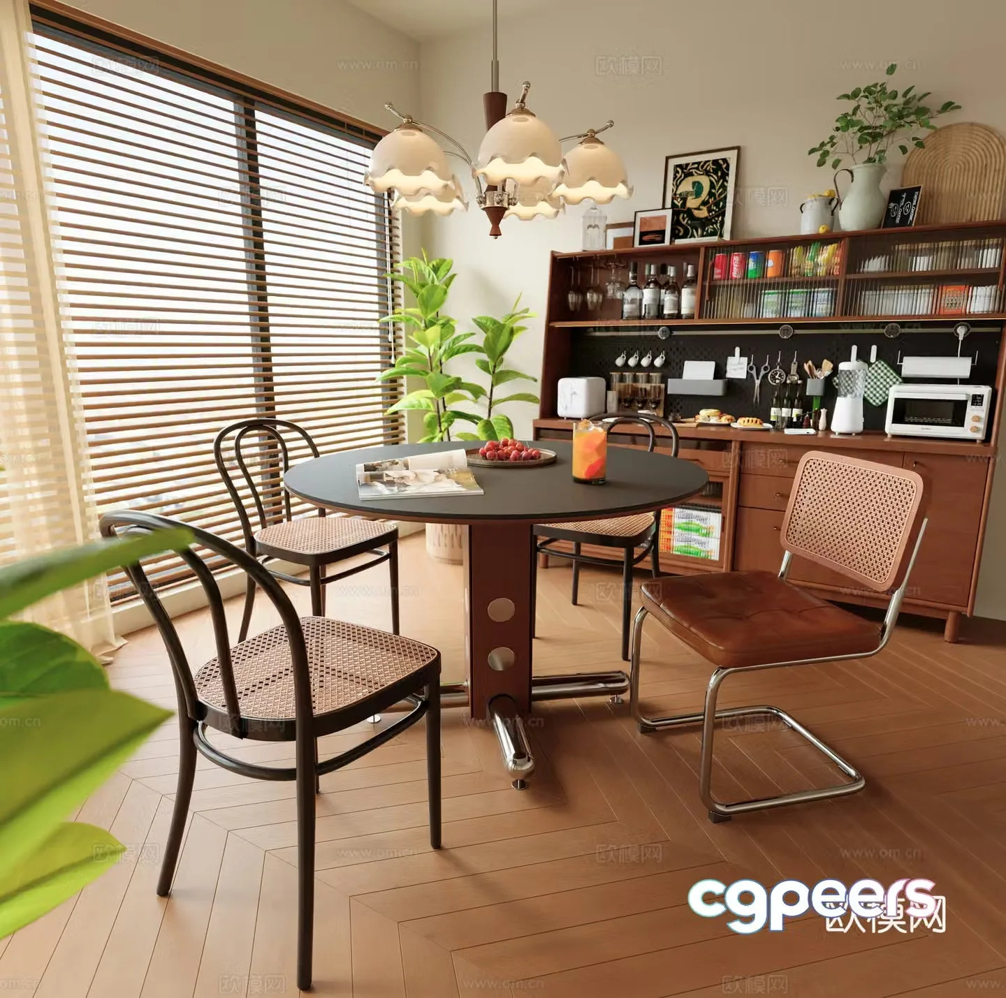 Middle-aged home decoration restaurant Middle-aged dining table and chair combination Middle-aged chandeliers Middle-aged dining sideboard 3D model