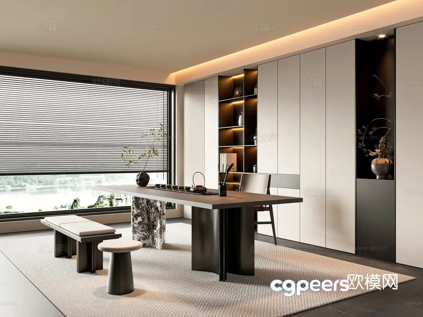 Modern new Chinese-style tea room tea room cabinet tea room accessories ornaments tea table and chair combination 3D model