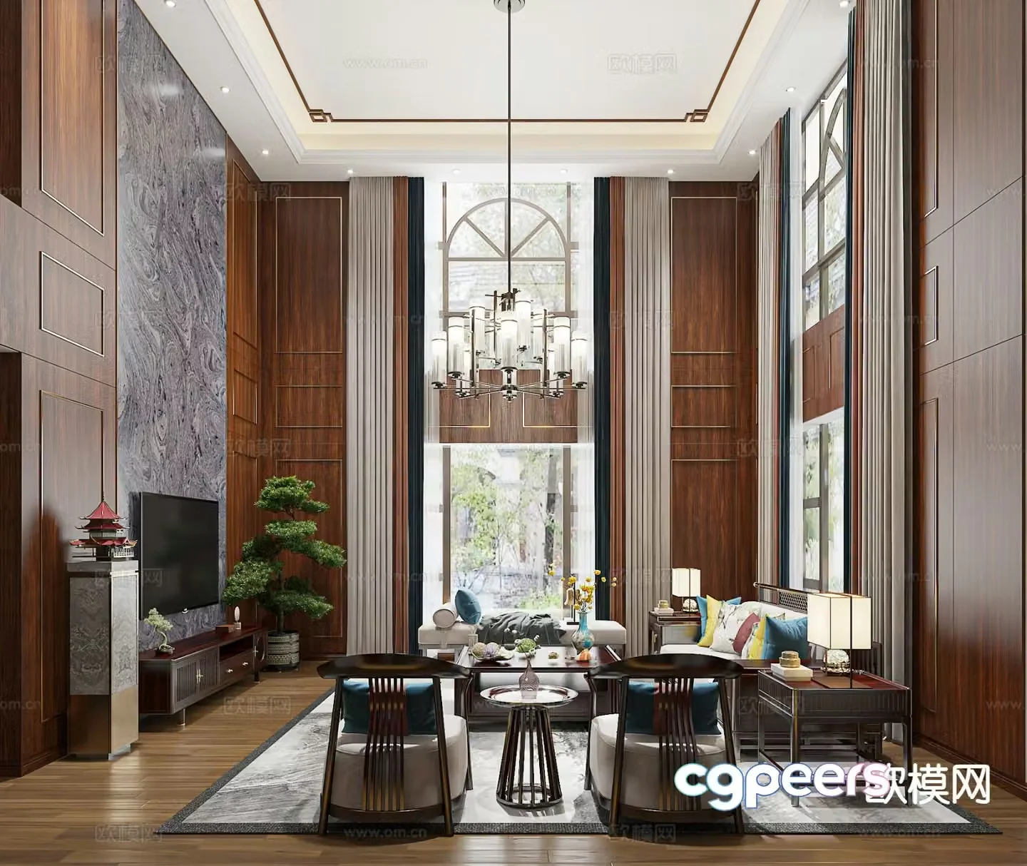 New Chinese style villa living room tea room 3D model
