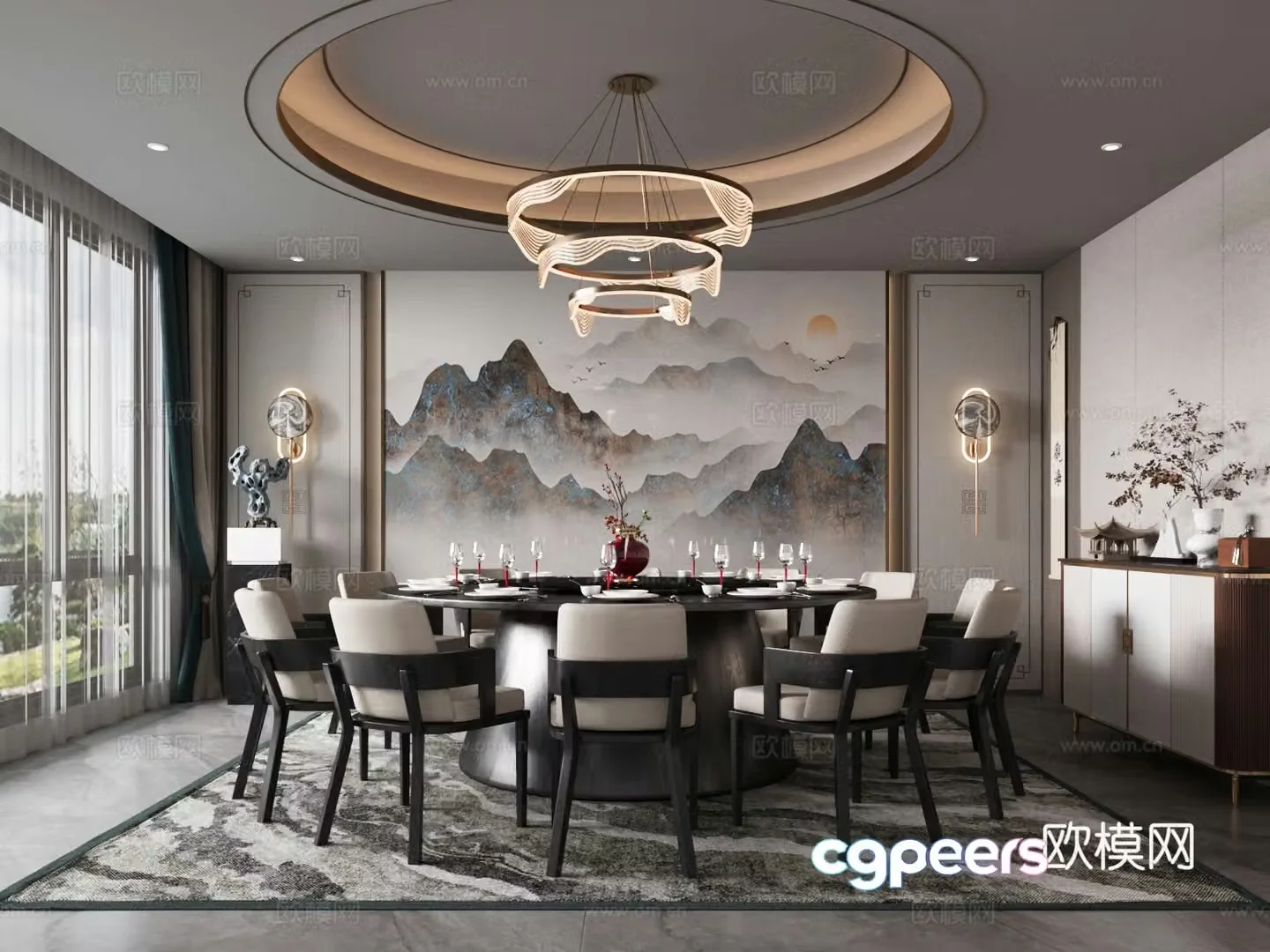 New Chinese restaurant private room private room dining table and chair combination 3D model