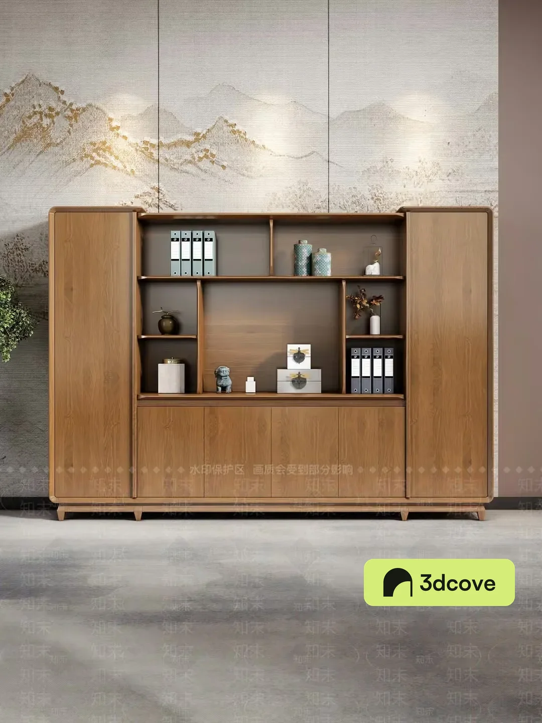 A Wooden Bookcase With Shelves And Cabinets