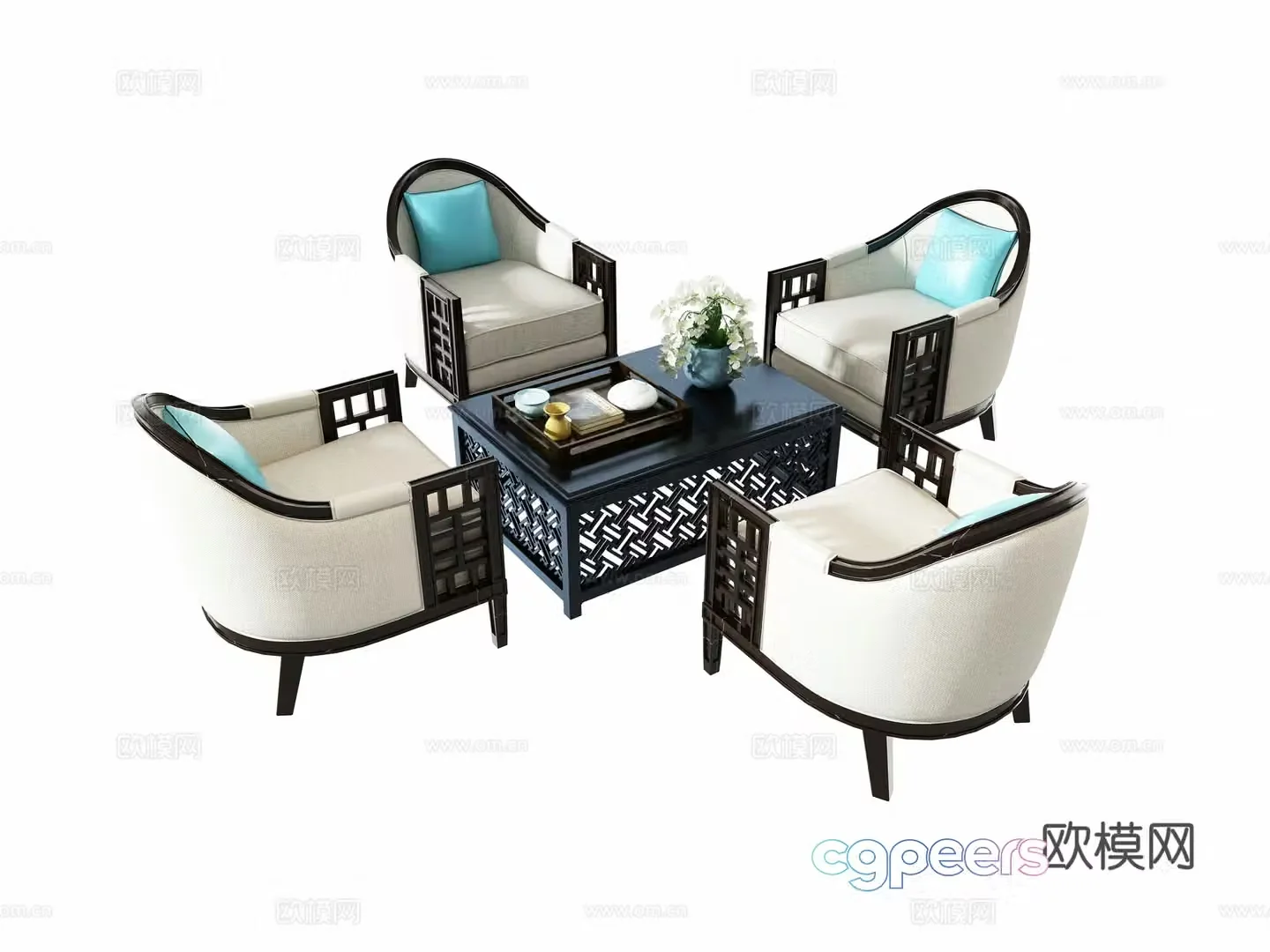 Chinese style negotiation leisure table and chair combination 3D model