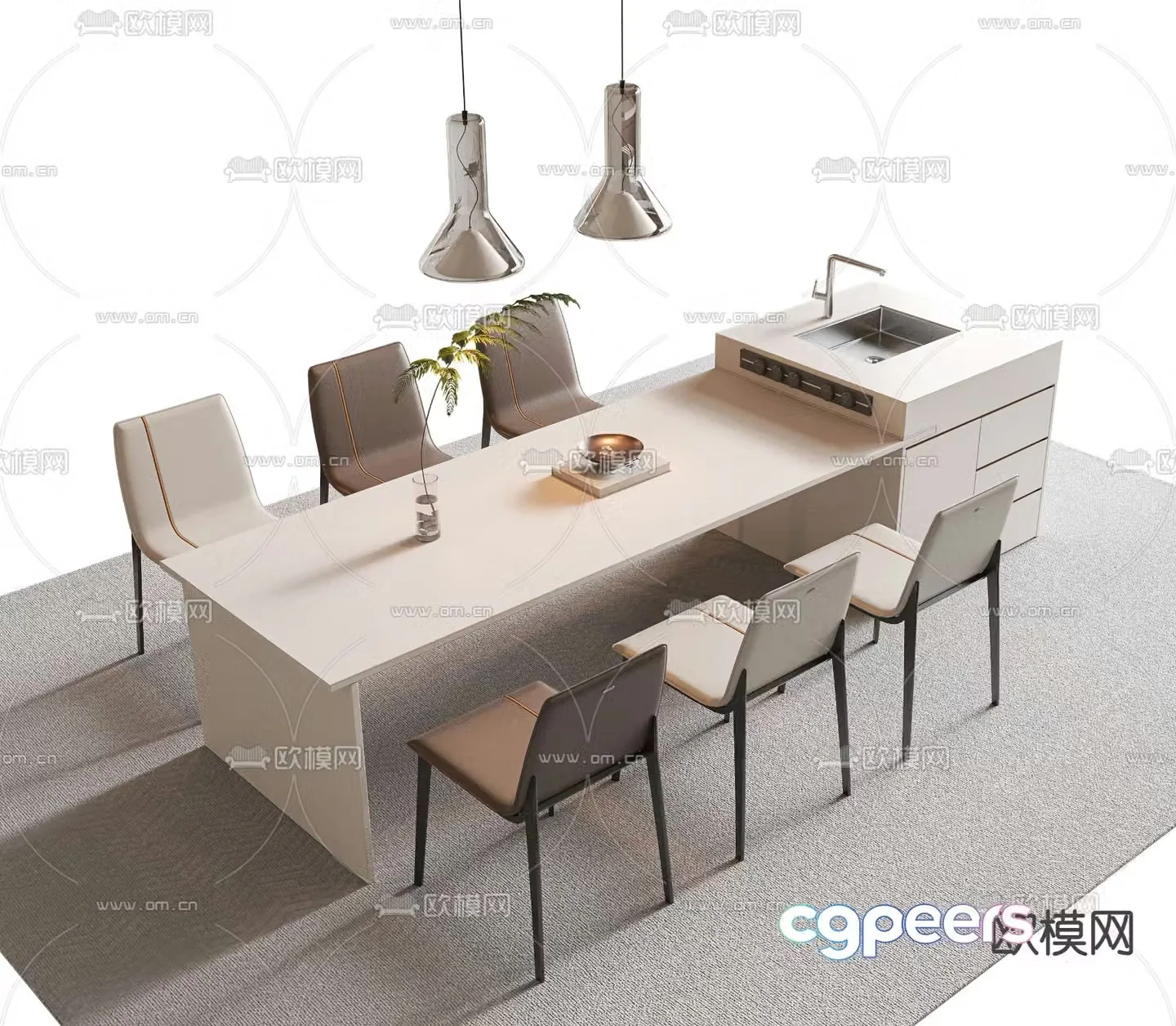 Modern island dining table 3d model
