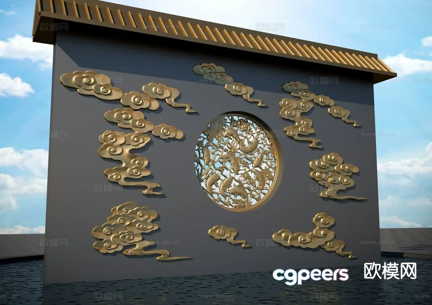 New Chinese style moirÃ© relief landscape wall 3D model