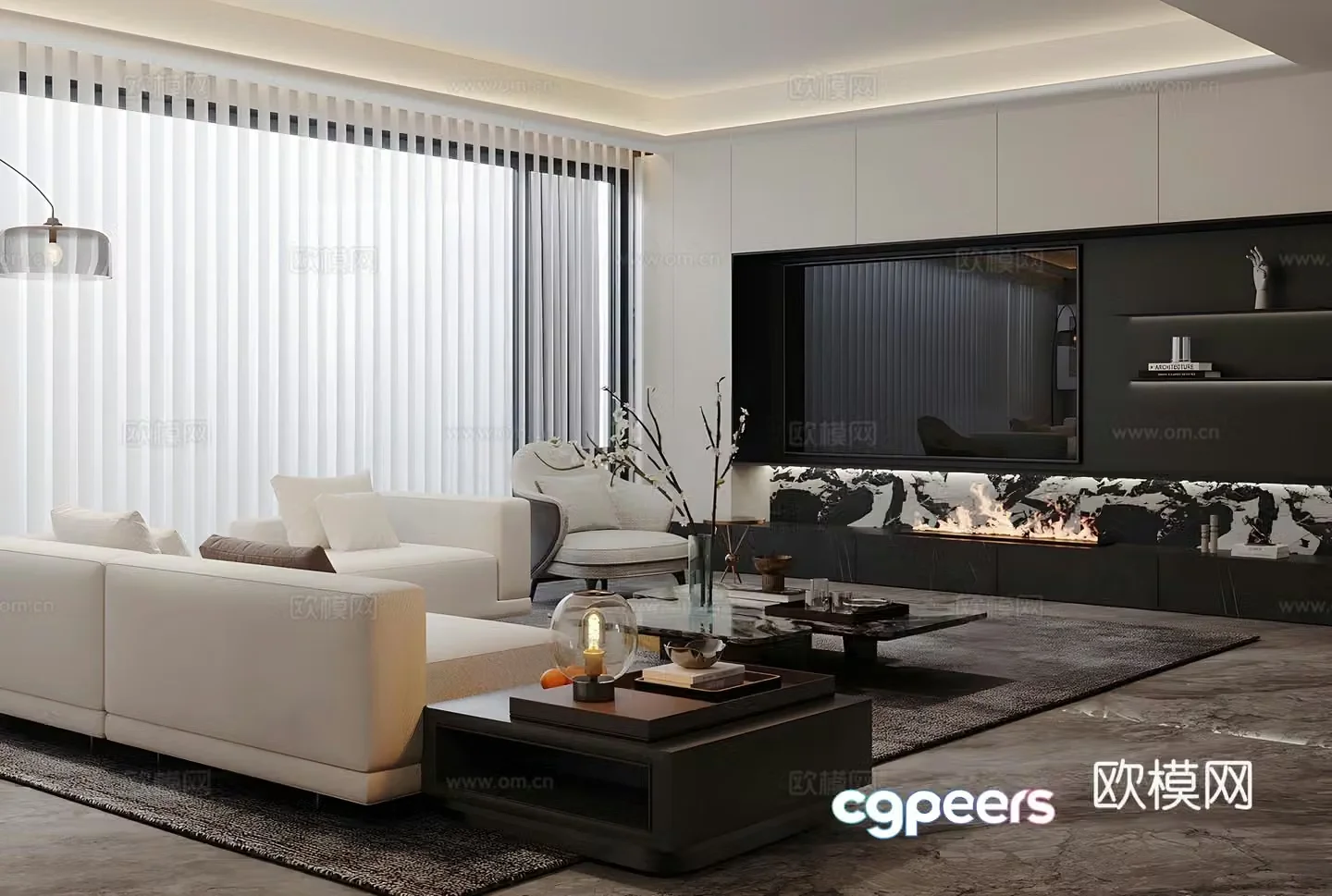 Light luxury Italian home living room high-end gray living room sofa and coffee table combination marble TV background wall 3D model