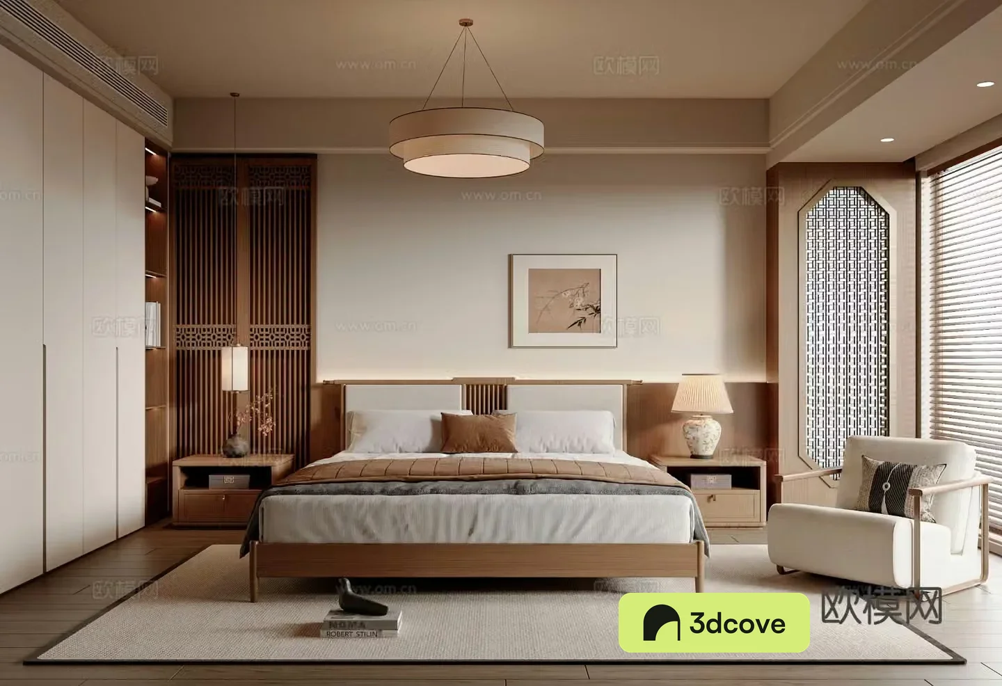 New Chinese style Chinese bedroom double bed leisure chair wardrobe hanging painting new Chinese style chandelier