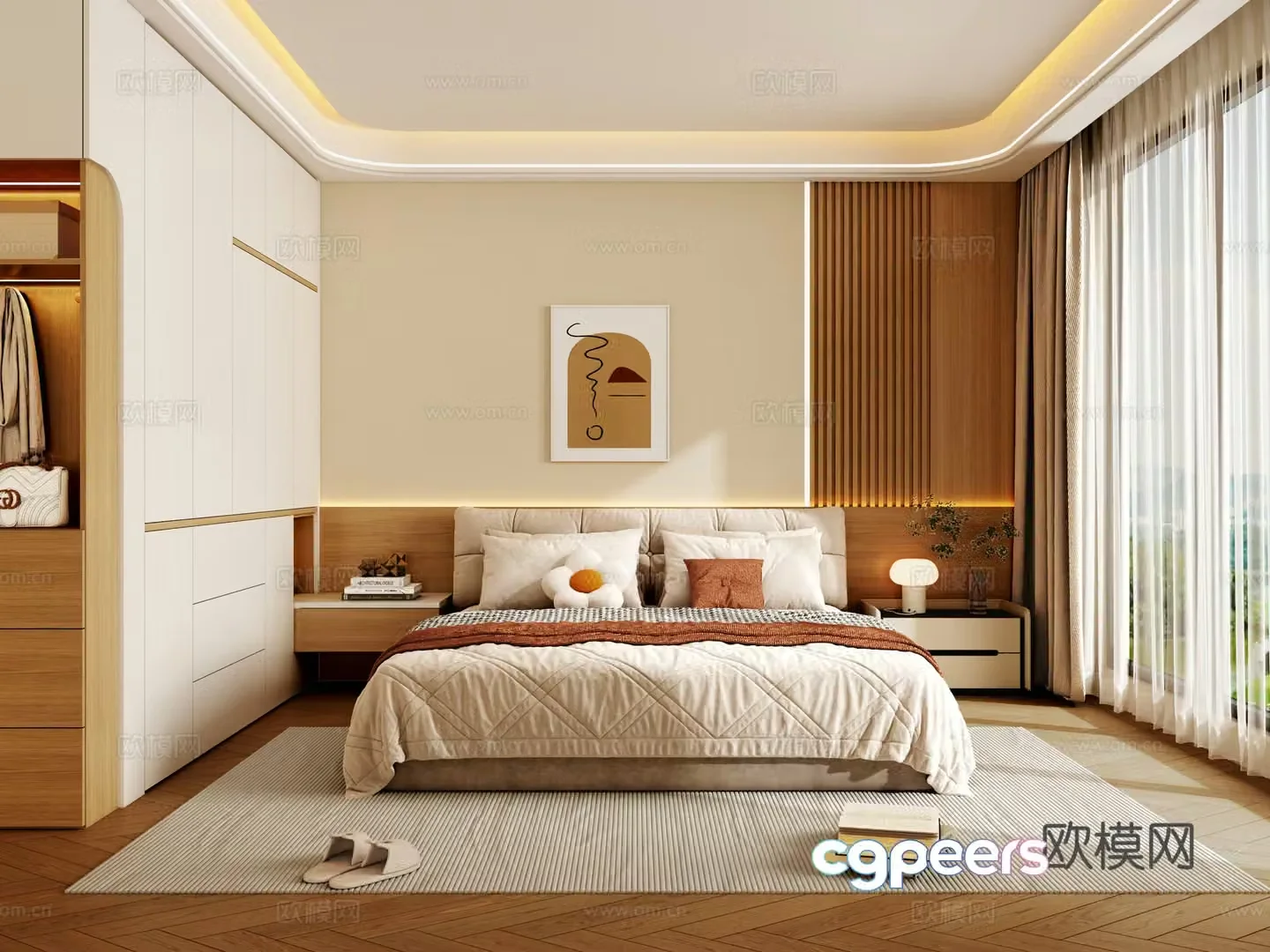 Modern log style bedroom double bed log wardrobe 3d model