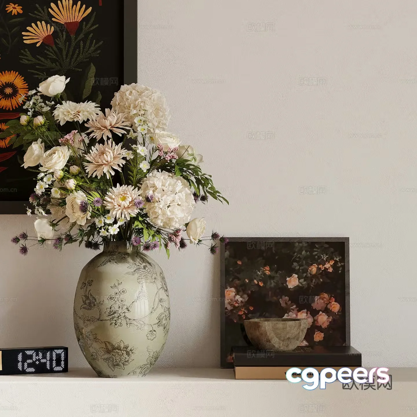 Flower art French retro style flowers flower art green plants flowers ornaments 3d model