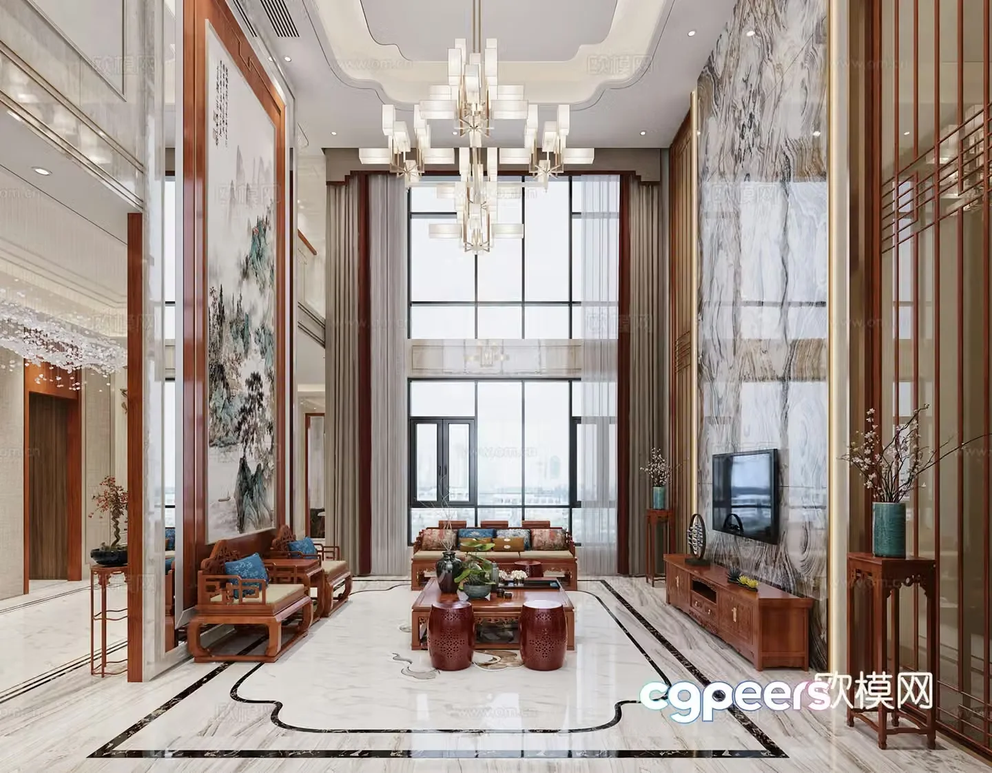 New Chinese style villa living room entrance entrance sofa group chandelier water view 3D model combination 3D model