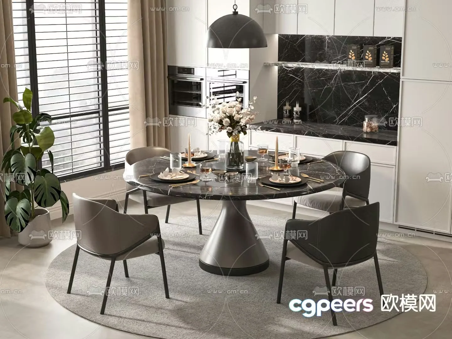 Round dining table and chairs slate dining table cabinet 3d model