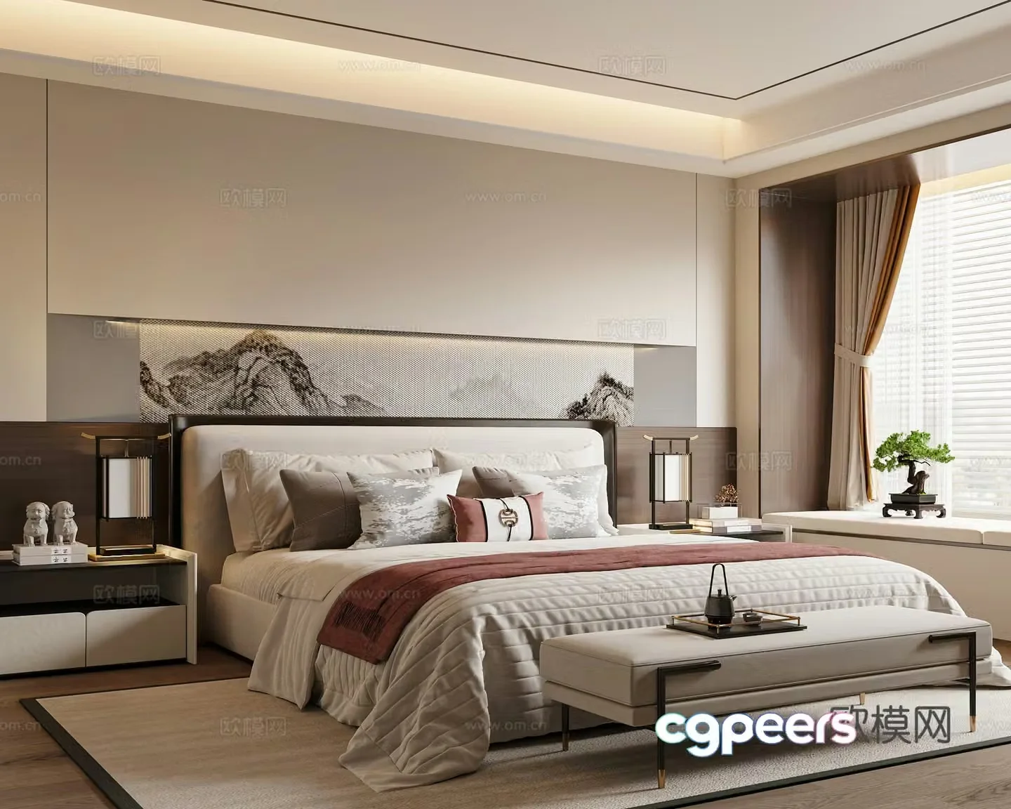 New Chinese style bedroom double bed nightstand 3D model