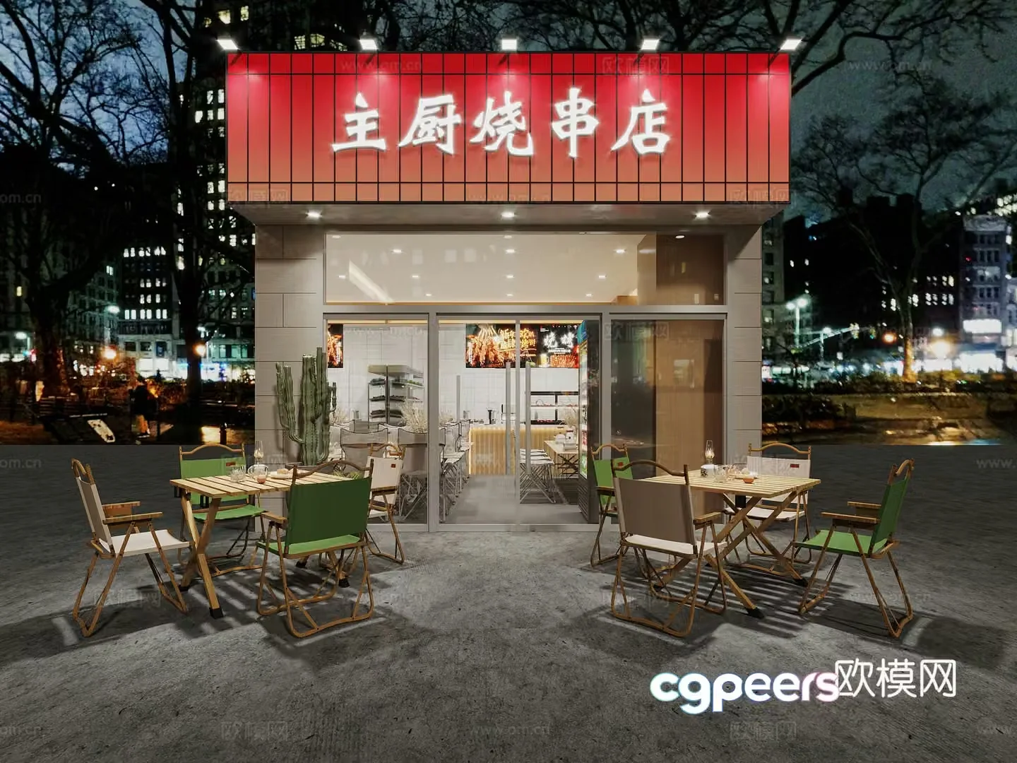 Burning shop door 3D model outside the modern barbecue restaurant