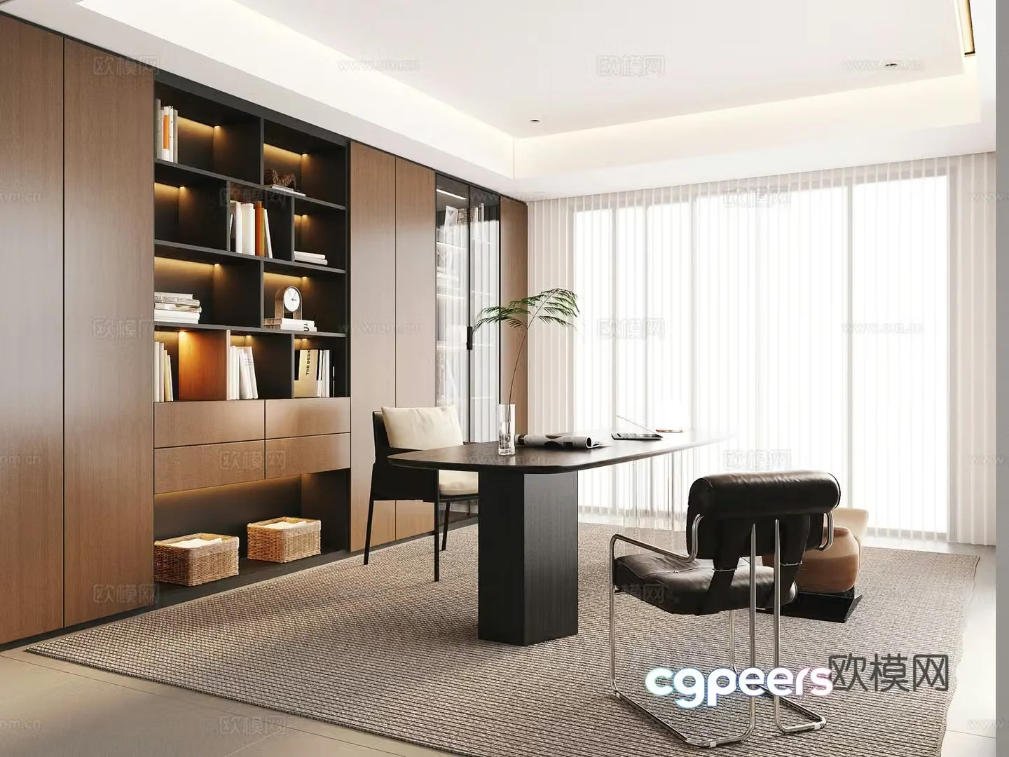Italian study desk leisure chair leather chair bookcase book decoration carpet 3d model