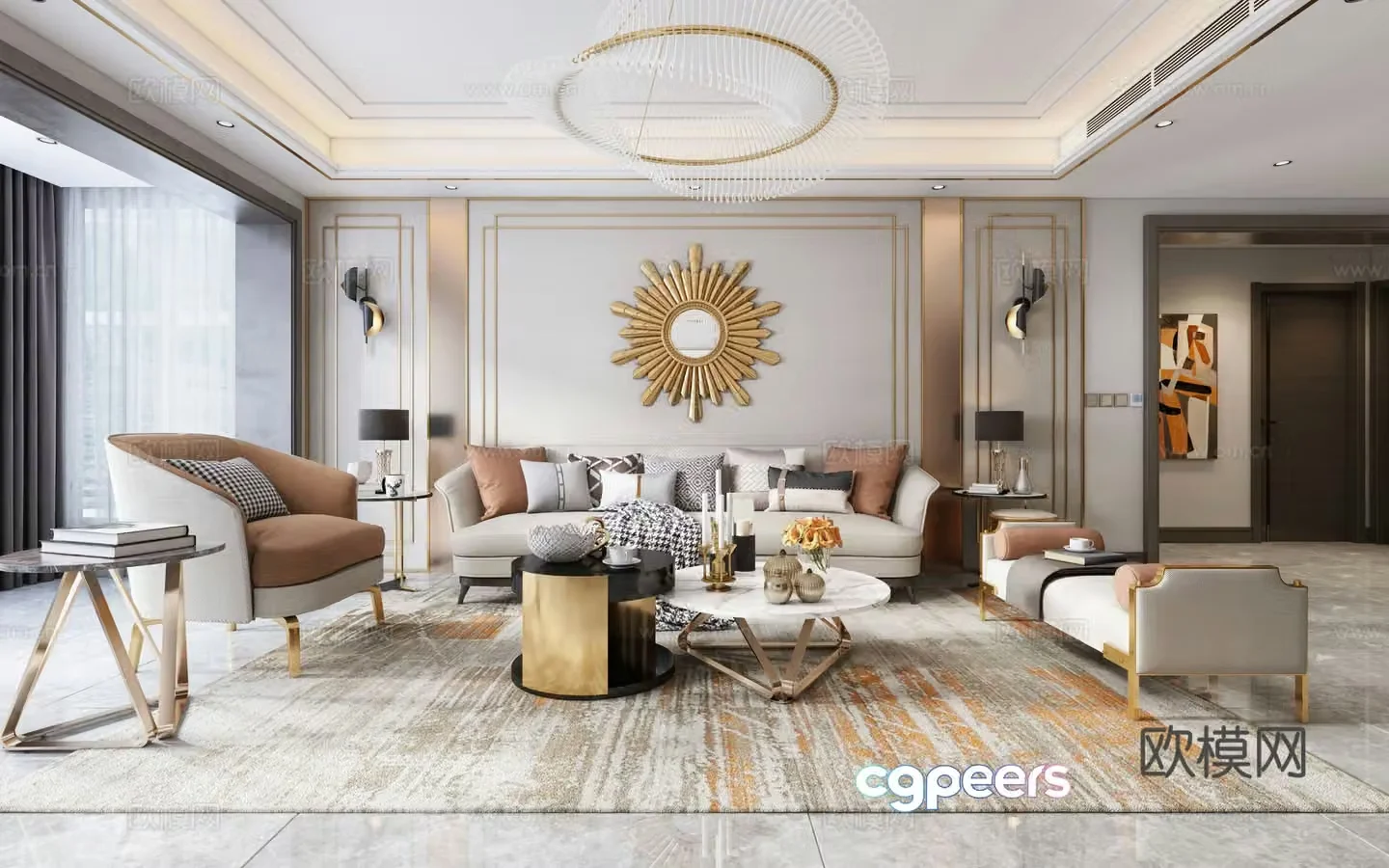 Modern living room dining kitchen 3d model
