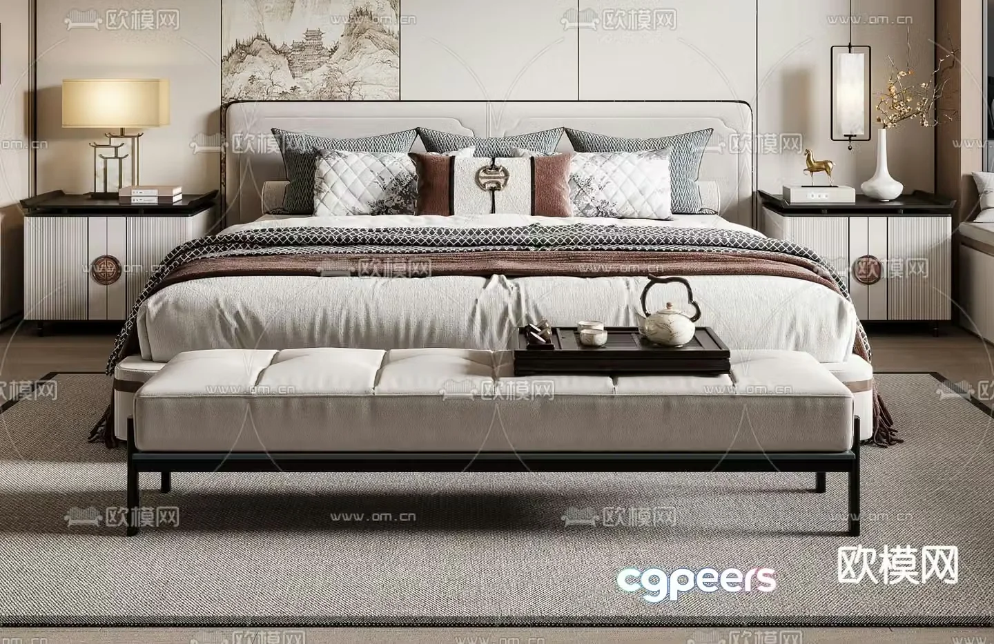 New Chinese style double bed 3d model
