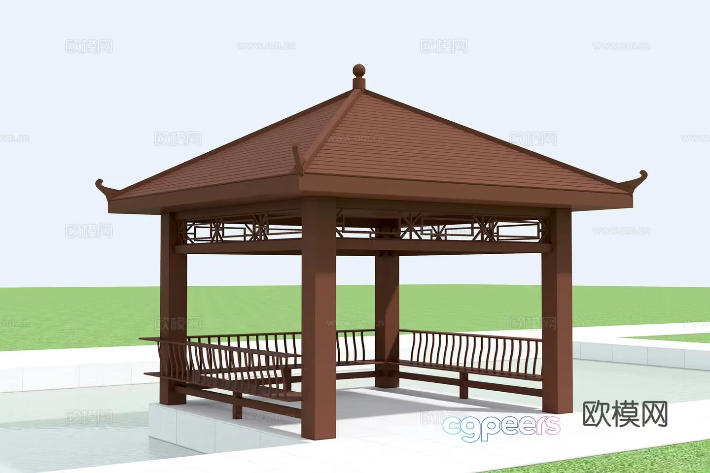A Wooden Gazebo With A Pointed Roof 3D Model – 10813 – VRAY Render