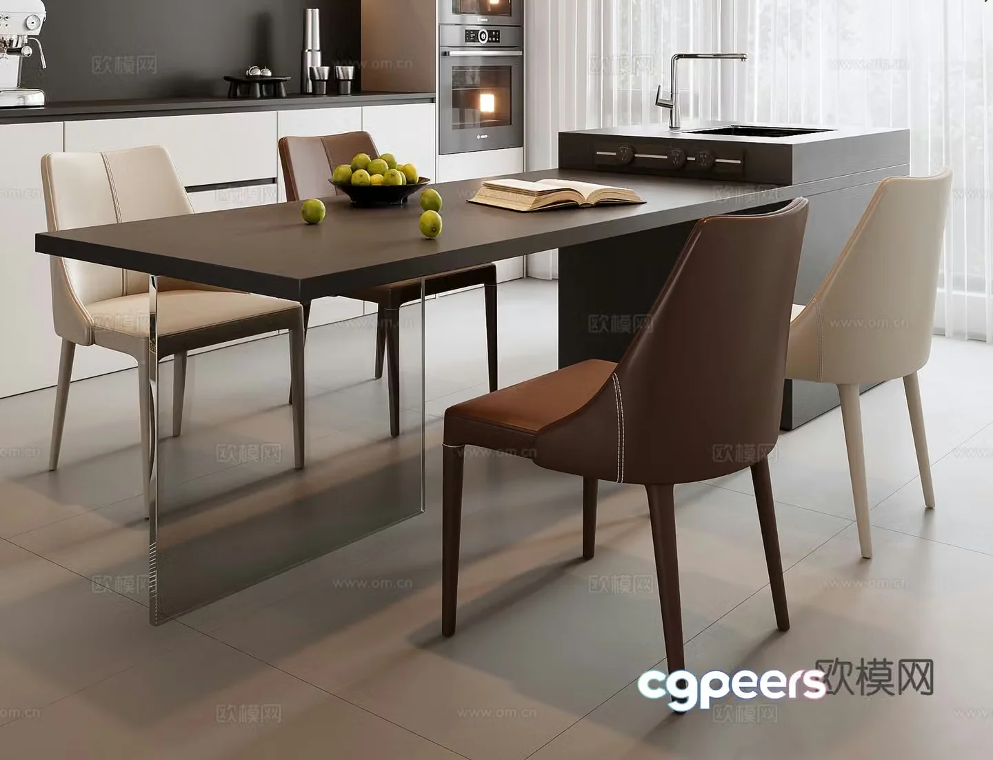 Modern island dining table and chairs 3d model