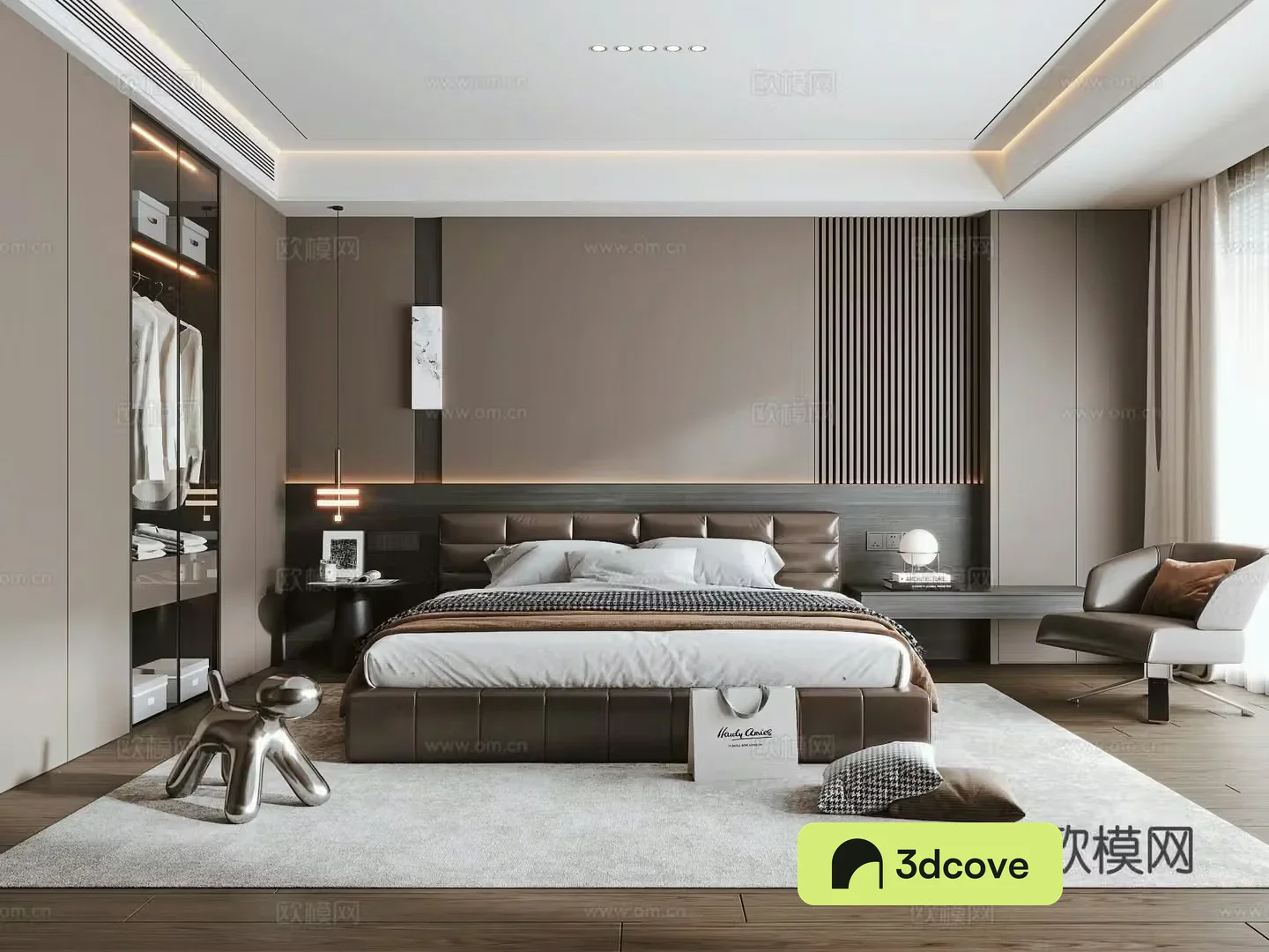 Italian light luxury bedroom leather double bed bedside table wardrobe bedside chandeliers leisure chair