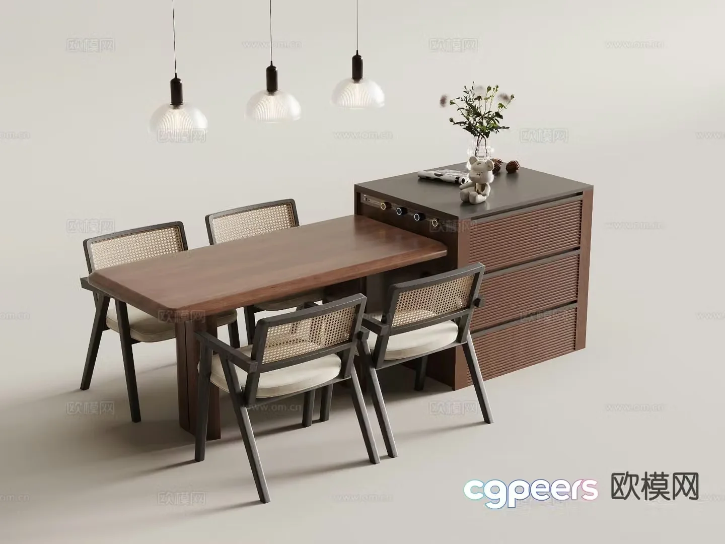 Medieval style island dining table and chairs 3D model