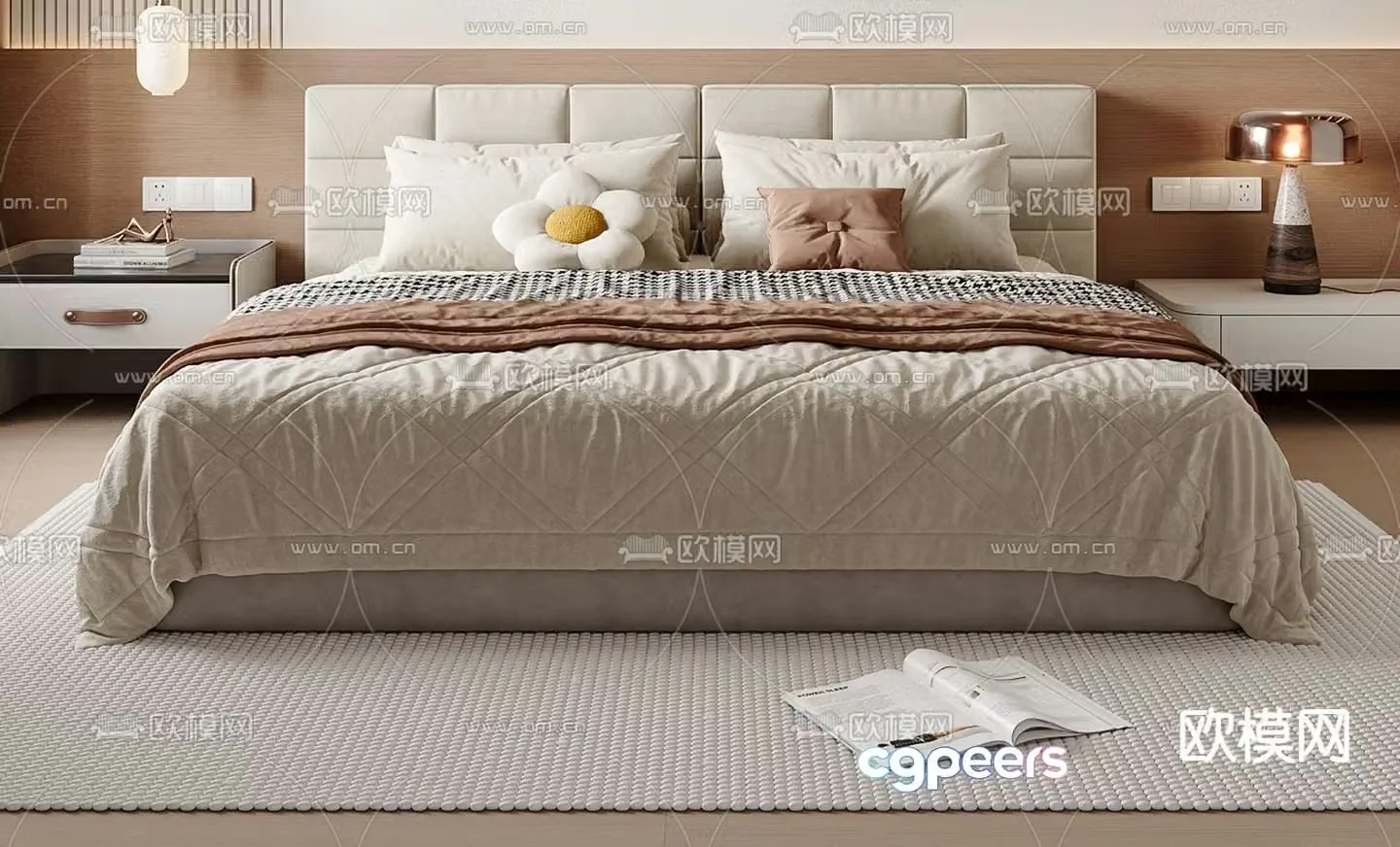 Cream style double bed 3d model