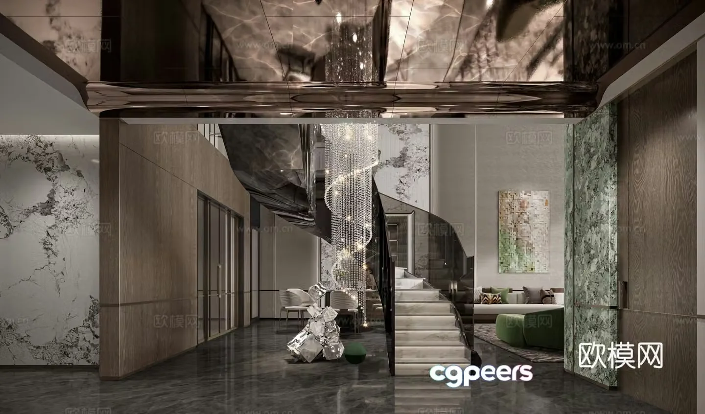 Modern stairs living and dining room 3d model