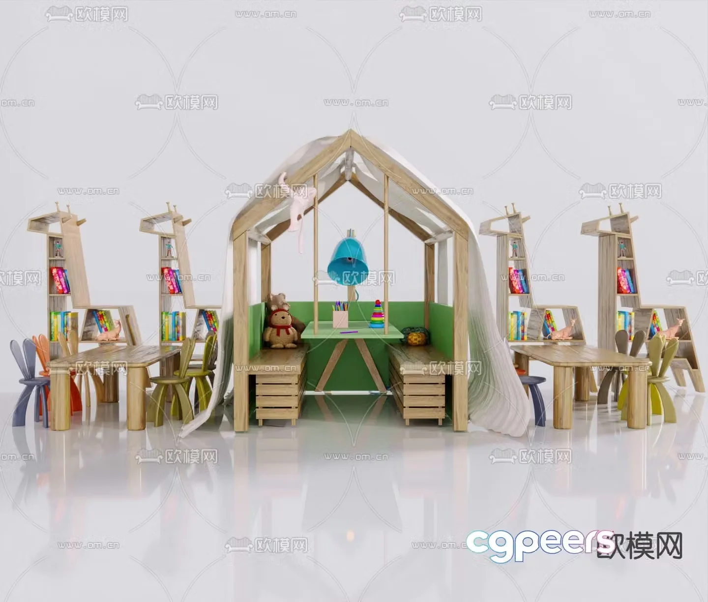 Children’s table and chair cartoon bookshelf 3d model