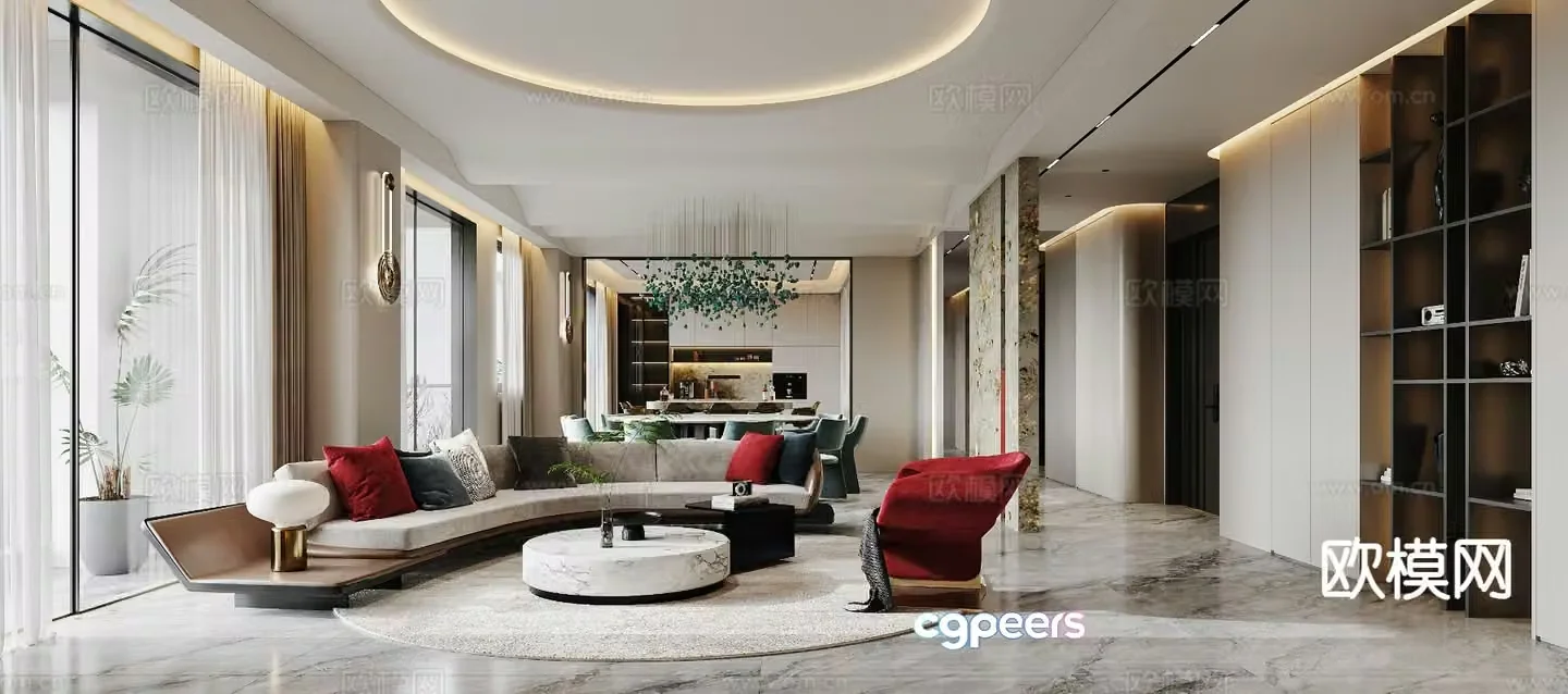 Light luxury large flat floor living room 3D model