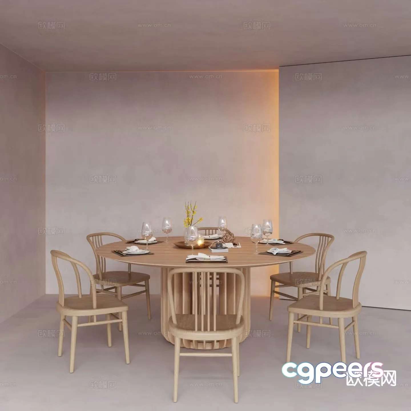 Wooden dining table round dining table and chairs 3d model