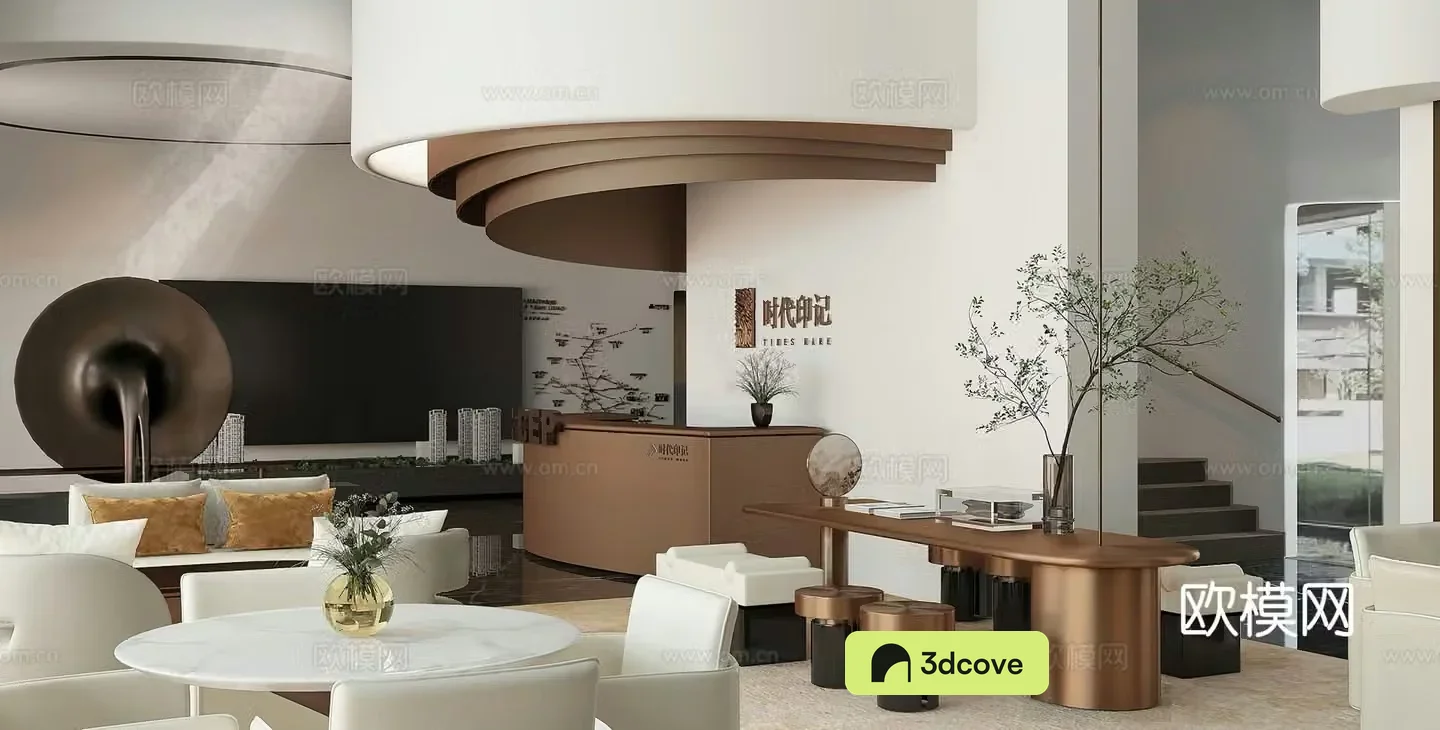 Modern sales office front desk water bar cashier tea room tea table hatan area