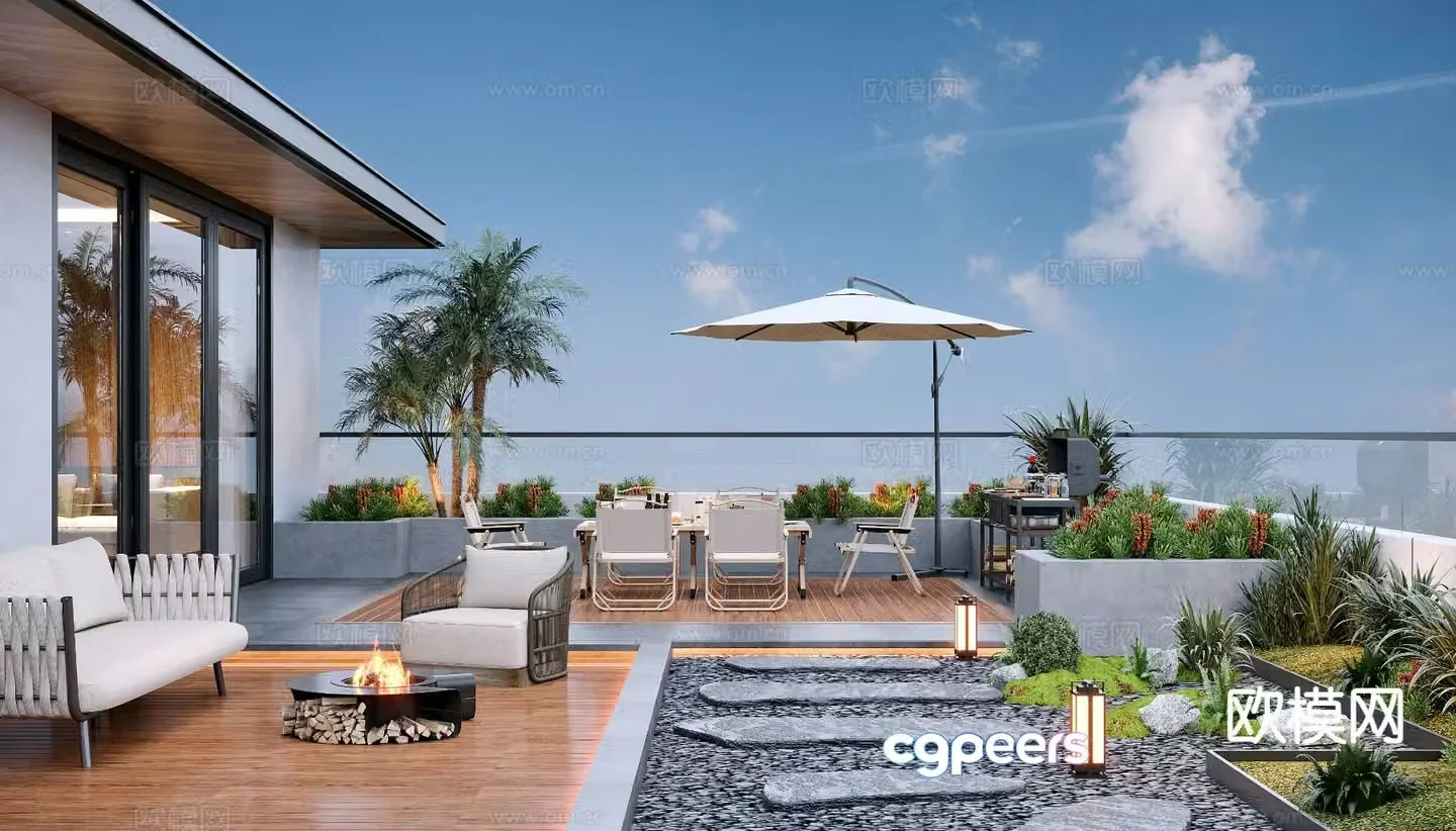 Modern balcony terrace roof garden 3d model