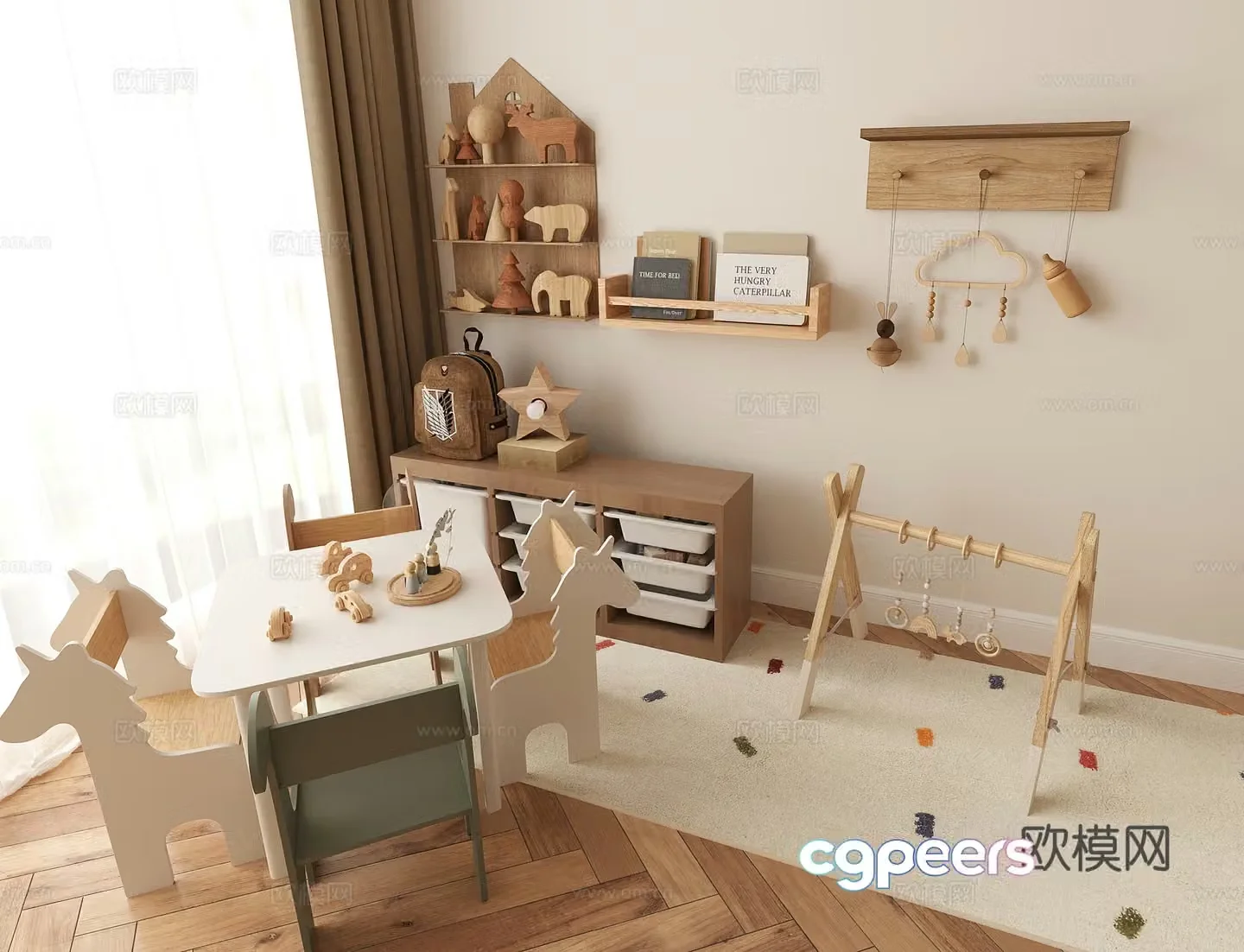 Modern children’s toy room Storage cabinet Decoration cabinet Storage rack Decoration rack Table and chair combination Floor 3D model