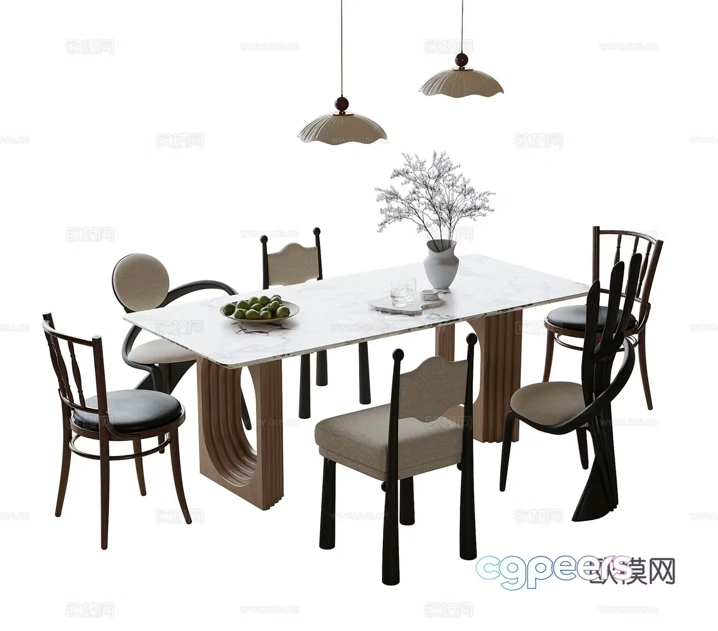 French dining table and chairs Dining table and chairs Pendant lamp 3d model