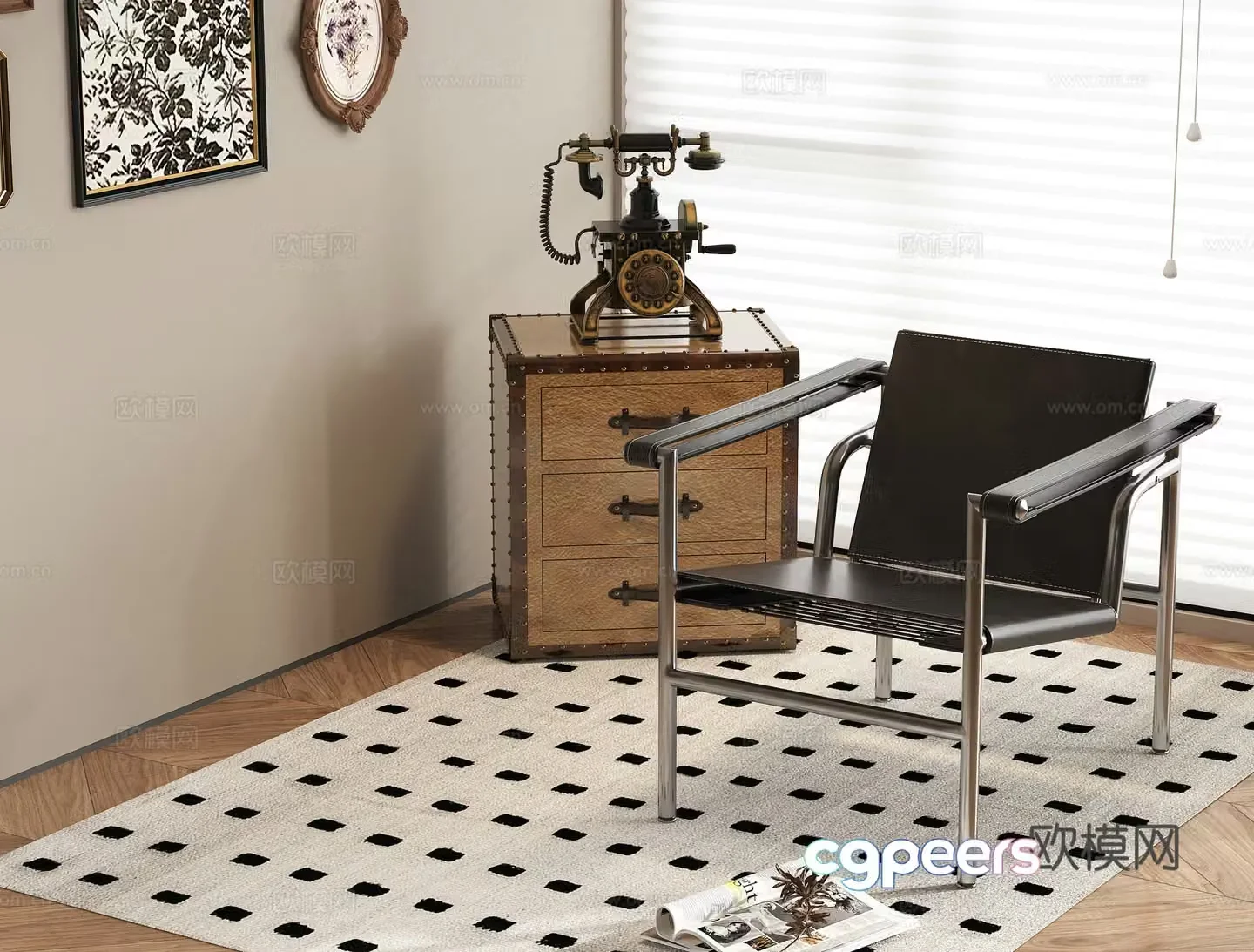 French casual chair side retro phone carpet single chair 3d model
