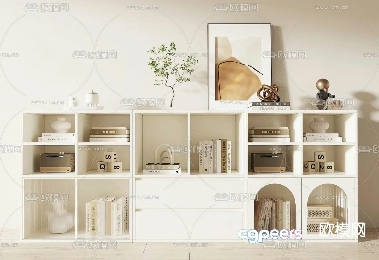 Cream style bookcase low cabinet 3d model