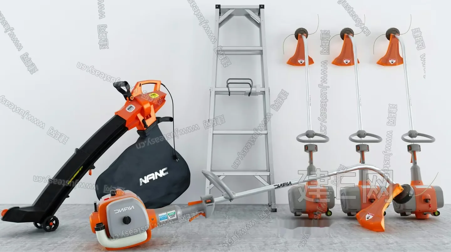 A Collection Of Orange And Gray Lawn Equipment 3D Model – 1005 – VRAY Render