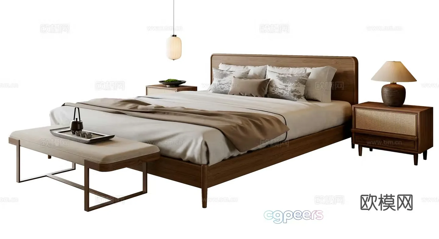 New Chinese style double bed 3D model