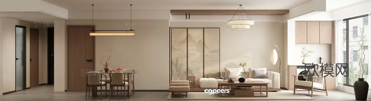 Song style new Chinese aesthetic ceiling living and dining room balcony chandelier sofa ornament 3D model