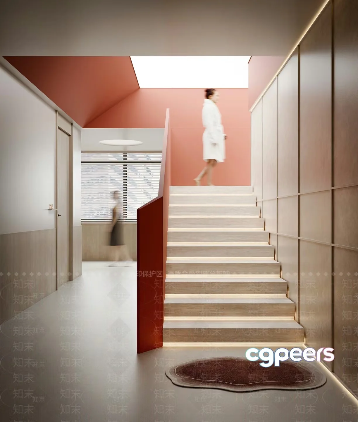 A Modern Staircase With A Woman In A White Robe Walking Down It 3D Model – 10143 – VRAY Render