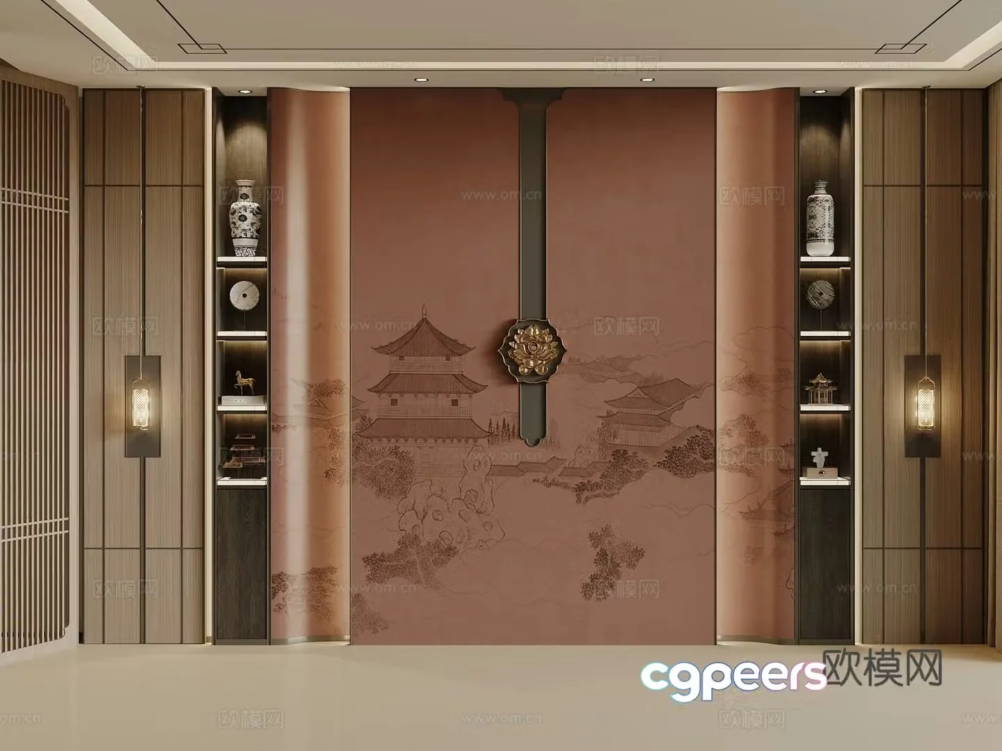 New Chinese style bookcase Decorative background wall Sofa background wall 3d model