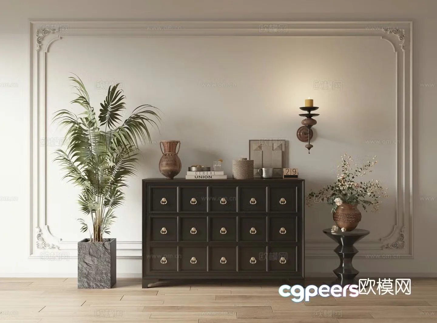 Low cabinet chest of cabinet decoration cabinet side wall lamp pot plant combination ornament side cabinet storage cabinet bookcase 3D model