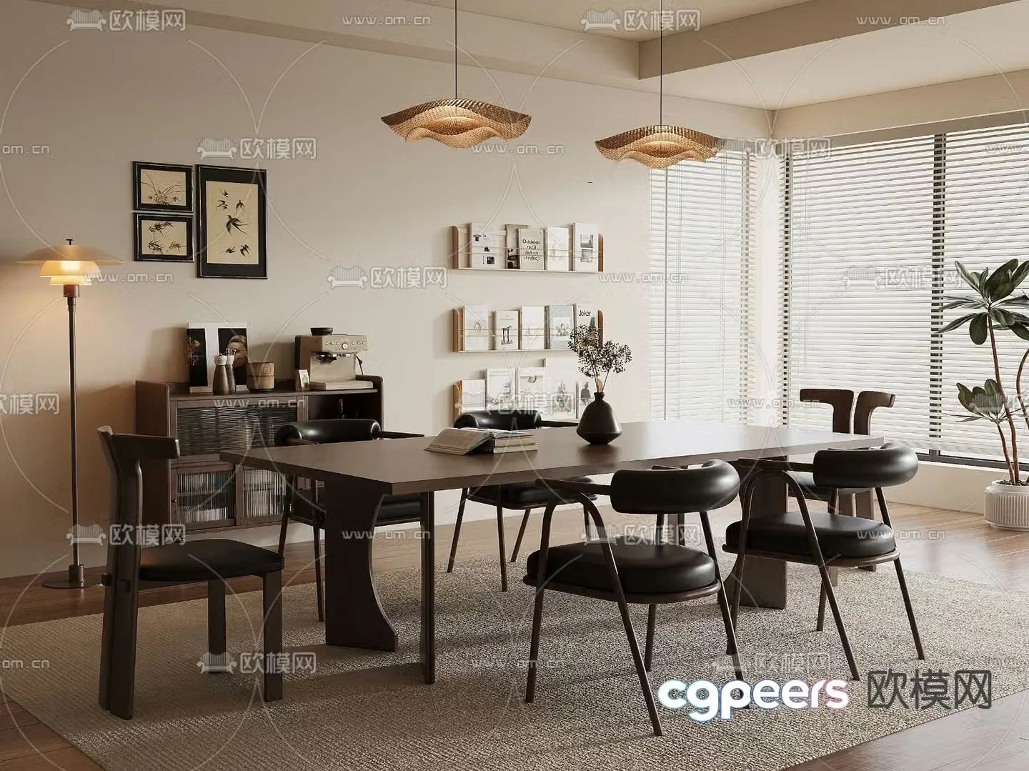 Medium style dining table and chairs strip dining table 3D model